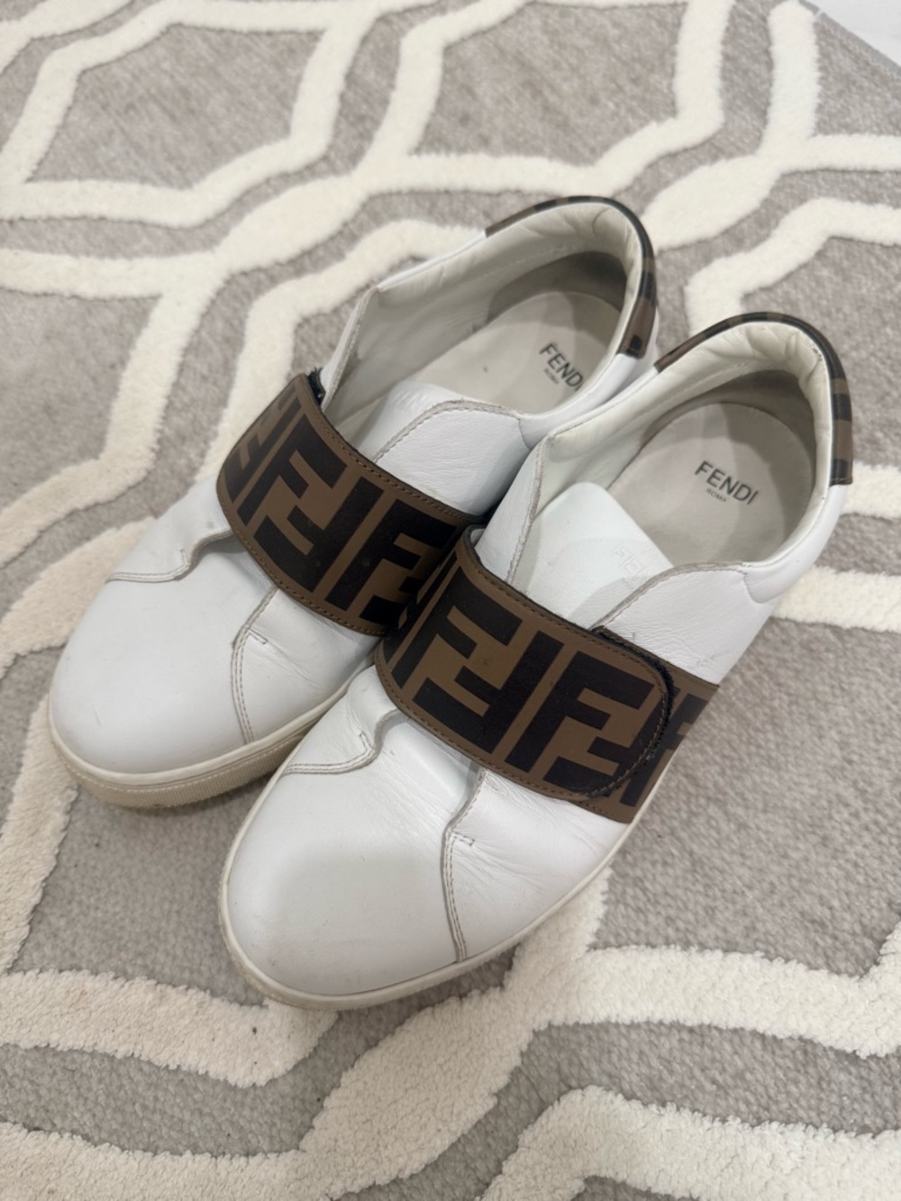 Fendi White Leather Slip-Ons with Brown FF Logo Band